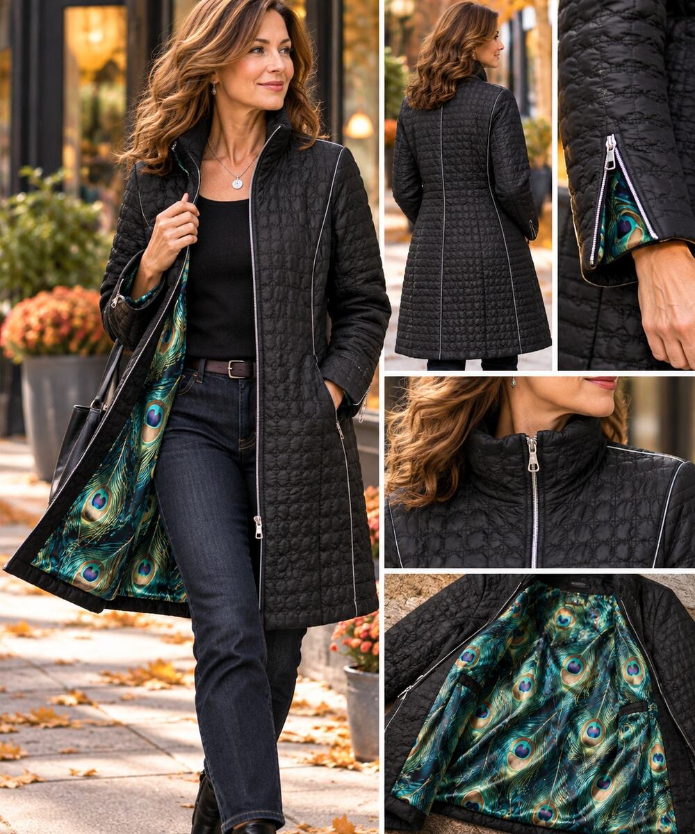 UBU Womens XL Black Quilted Coat Peacock Satin Lined Lightweight Travel Jacket